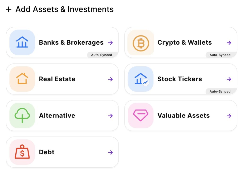 Wealthica types of accounts that can be added