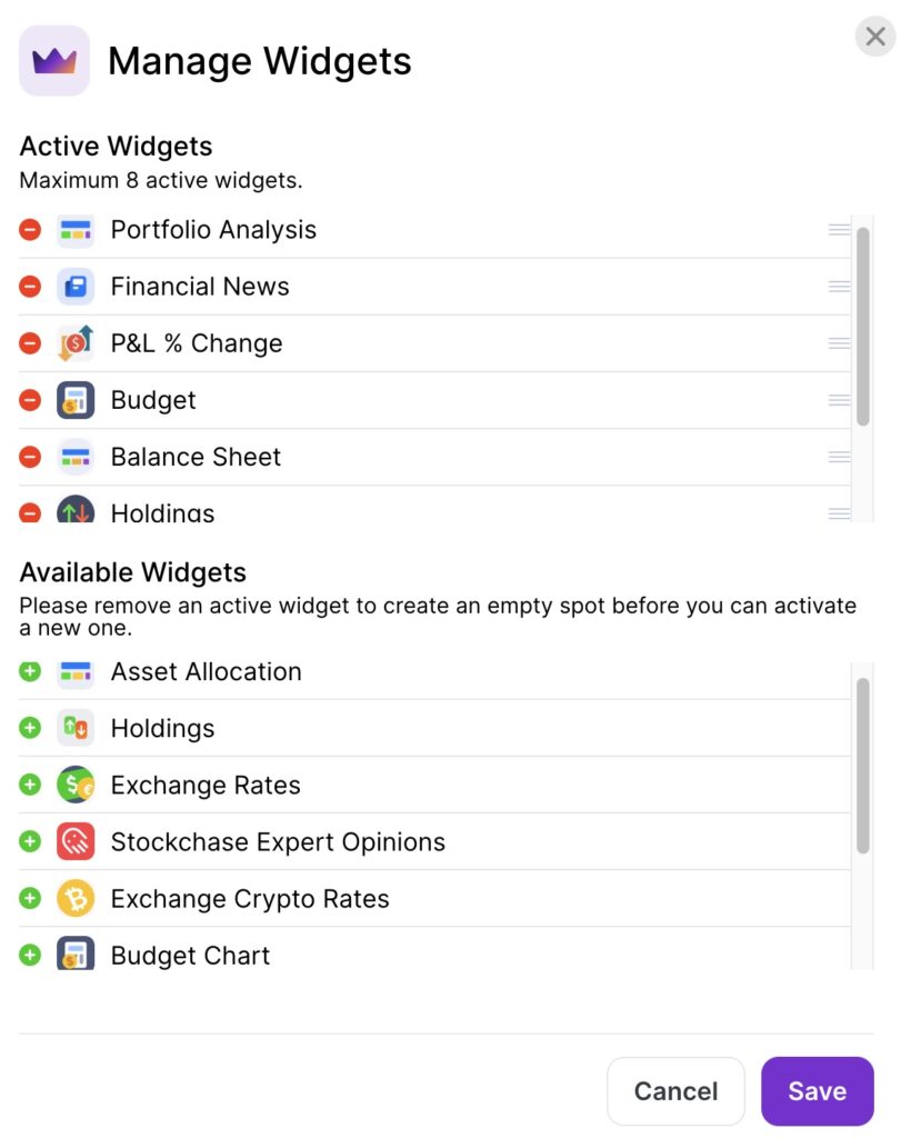 Wealthica financial widgets